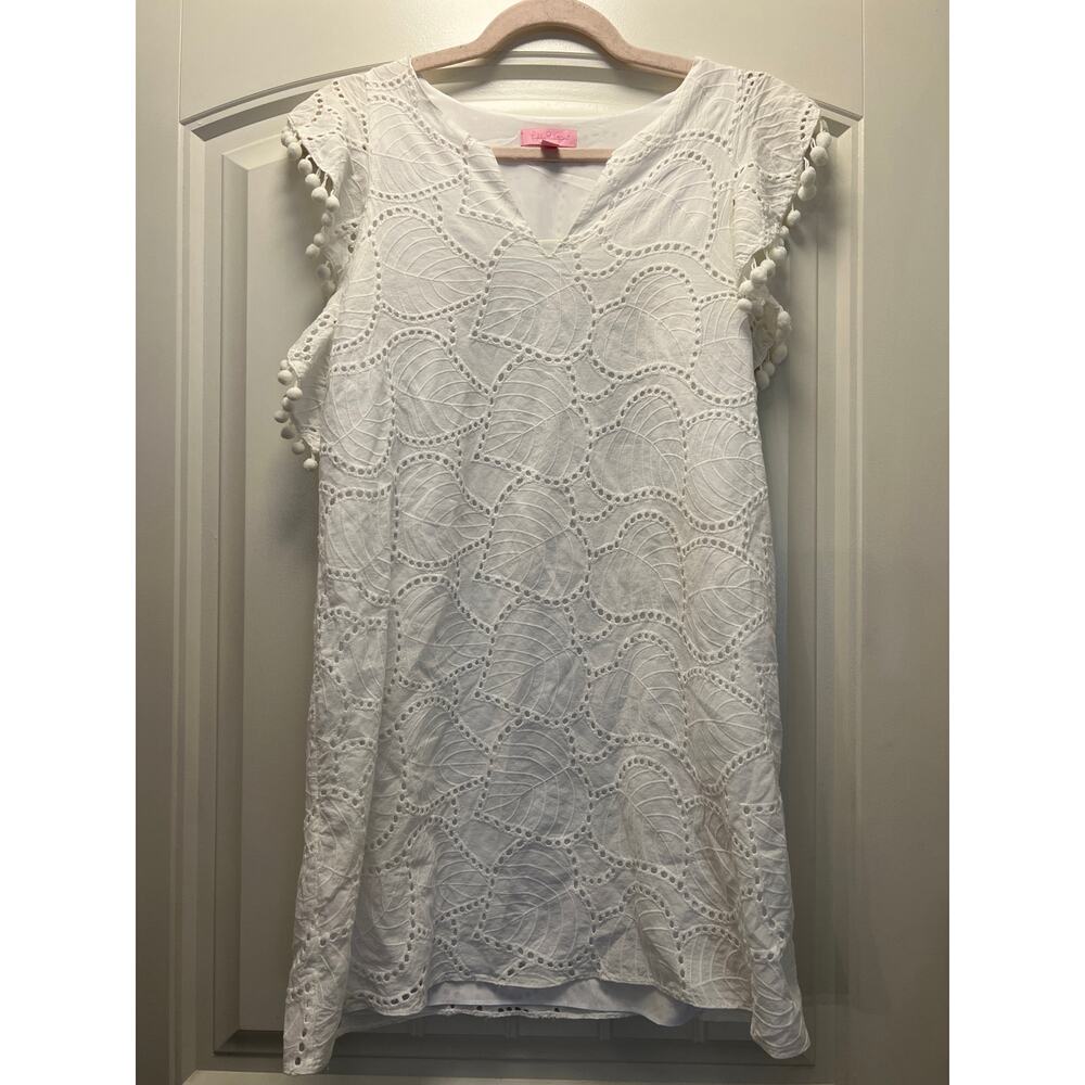 Lilly Pulitzer Women’s Astara Mini Shift Dress Leaf Eyelet Pom-Pom Size XS White - Picture 2 of 5